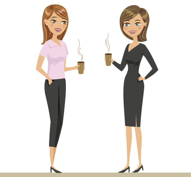 两个同事或朋友边喝咖啡边聊天。两个微笑的女人在喝酒。矢量插图孤立在白色上。图片下载