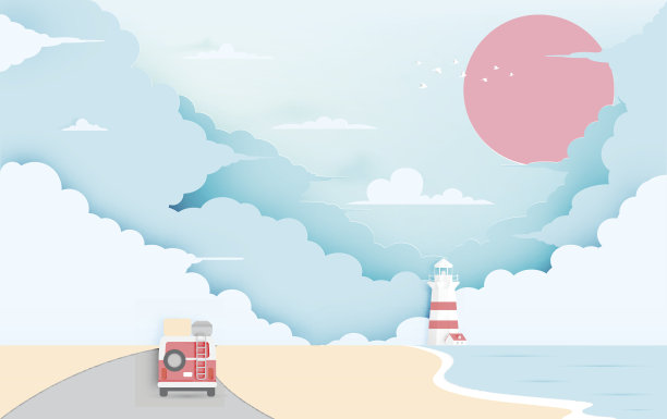 公路旅行的海滩纸艺术风格在蜡笔方案素材图片