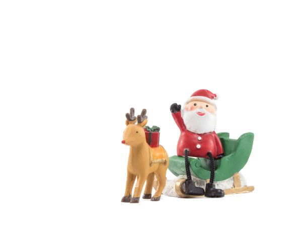 驯鹿拖着绿色的雪橇，圣诞老人坐在上面，用手势孤立你的手图片下载