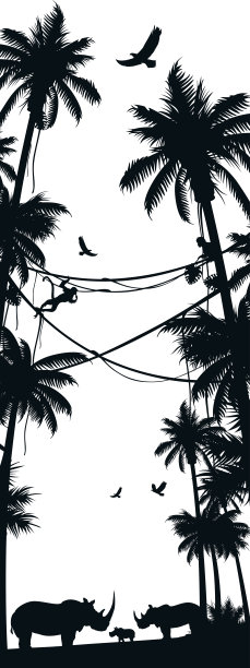 非洲野生动物在自然栖息地的剪影-犀牛家族图片下载