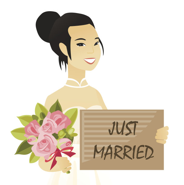 亚洲新娘拿着一个盘子与文本刚刚结婚图片下载