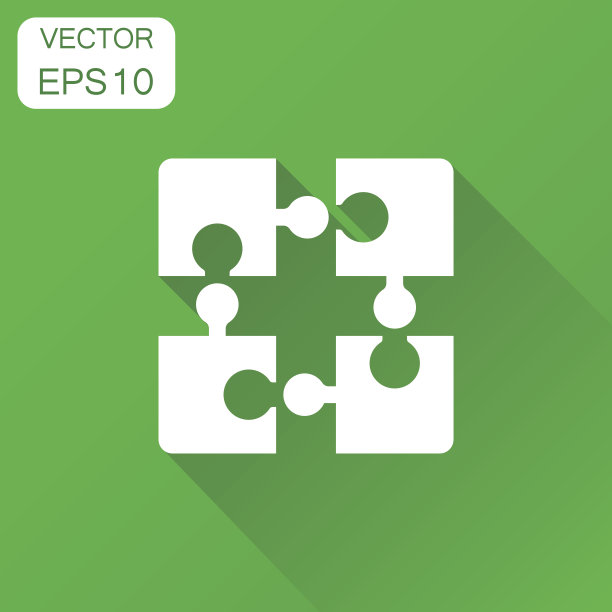 拼图游戏的图标。商业概念拼图象形文字。矢量插图上的绿色背景和长阴影。图片下载