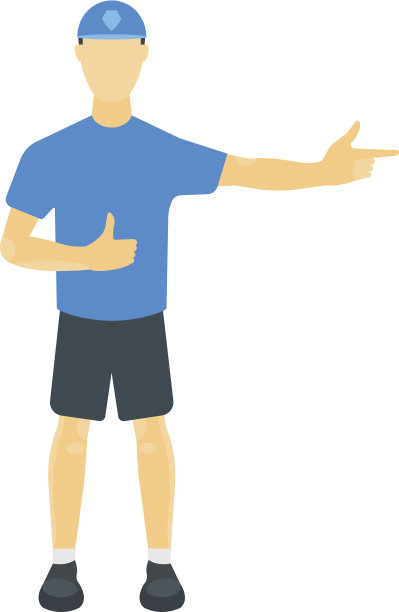 向量插图的一个人在t恤，短裤和帽子。一只手与沙卡手势是另一只手与指数手势图片下载