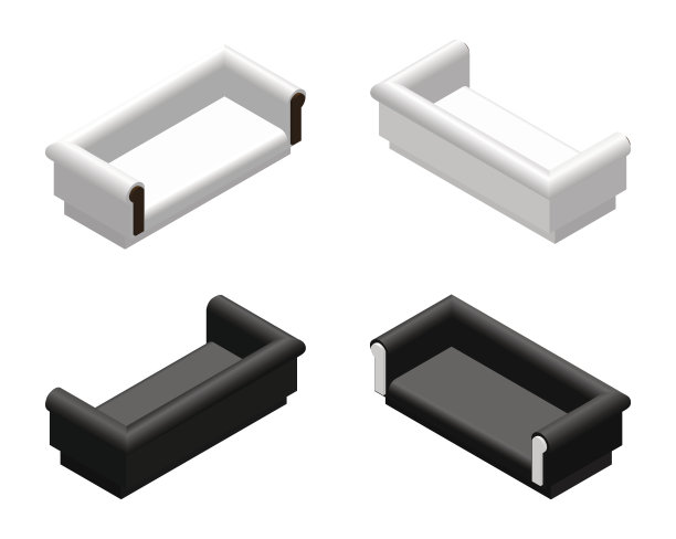 黑白分明的软沙发在不同的投影中。起居室或休息室的沙发。家具设计矢量插图集。图片下载