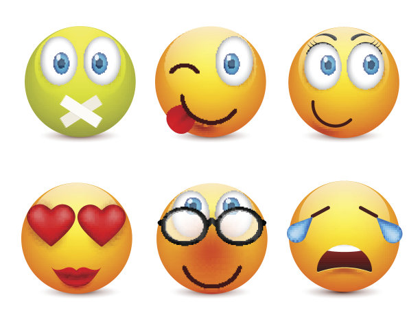 蓝眼睛的笑脸，表情包。黄脸带着情绪。面部表情。3 d现实emoji。伤心,高兴,生气的脸。有趣的卡通人物。情绪。矢量插图图片下载