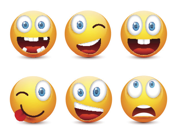 蓝眼睛的笑脸，表情包。黄脸带着情绪。面部表情。3 d现实emoji。伤心,高兴,生气的脸。有趣的卡通人物。情绪。矢量插图图片下载
