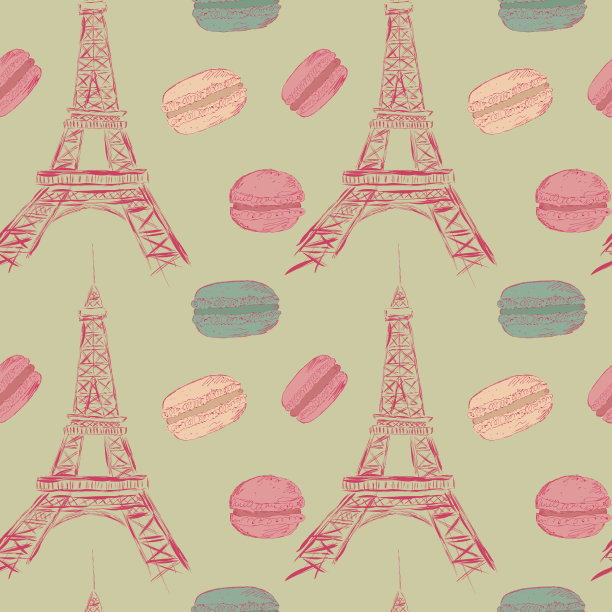 色彩丰富的蛋白杏仁饼干和粉色埃菲尔铁塔无缝图案，素描插图图片下载
