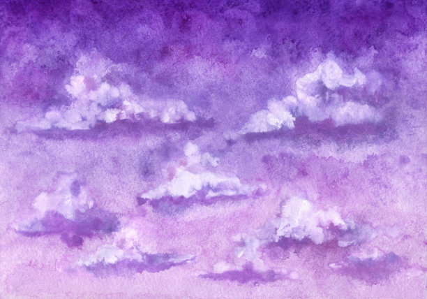 水彩紫色的天空和小白云图片下载