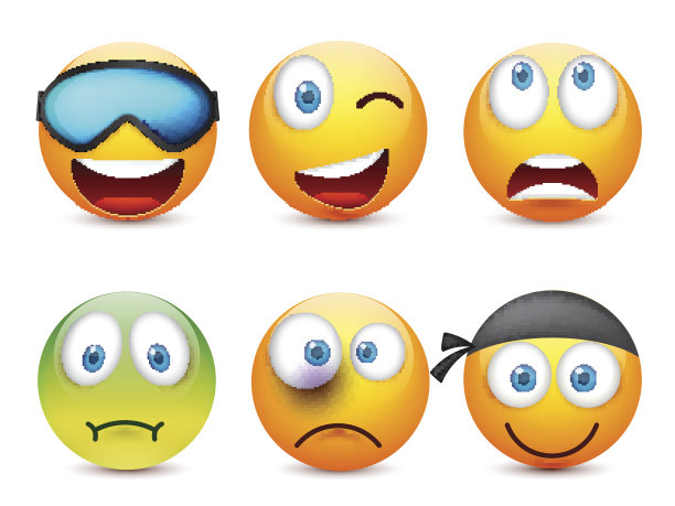 蓝眼睛的笑脸，表情包。黄脸带着情绪。面部表情。3 d现实emoji。伤心,高兴,生气的脸。有趣的卡通人物。情绪。矢量插图图片下载