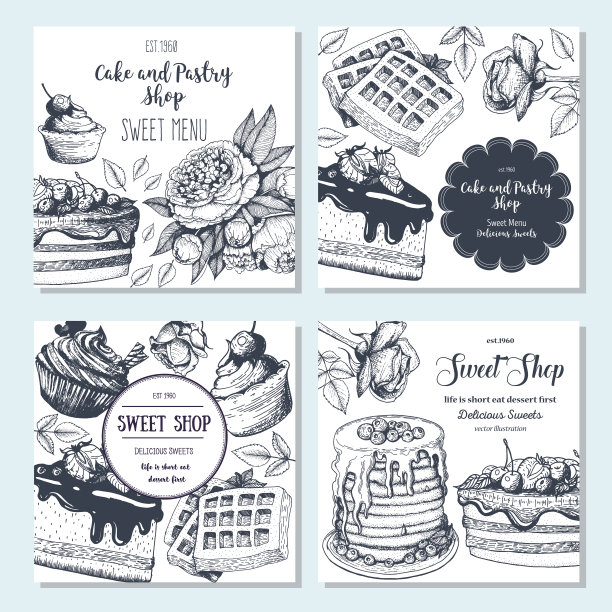 糖果店横幅收藏。广场的横幅。手绘蛋糕、派、冰淇淋和薄饼。雕刻风格的插图。糖果的背景。线性图形。复古设计模板。图片下载