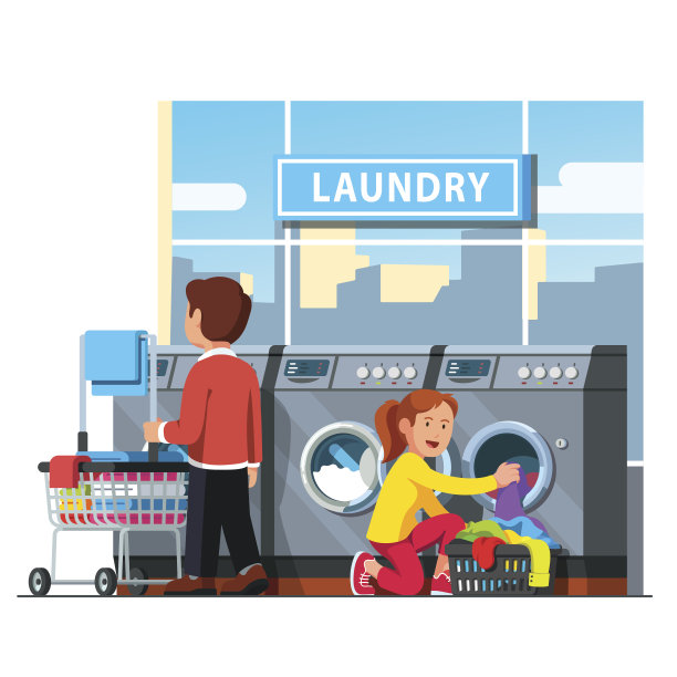 男人和女人在公共自助洗衣店图片下载