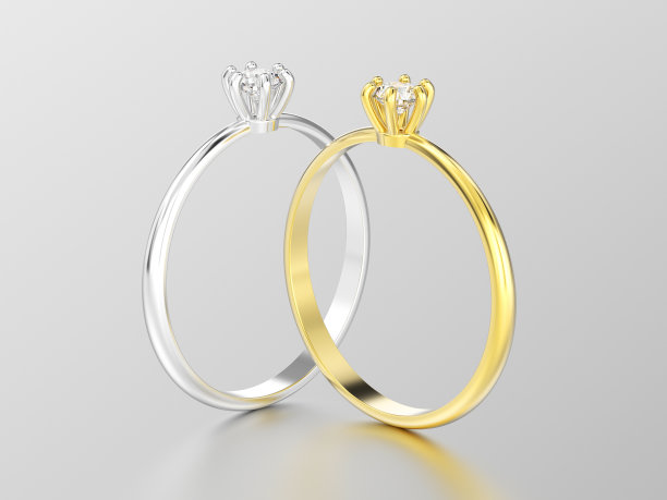 3D插图两白金或白银和黄金传统的单粒钻石订婚戒指与反射图片下载