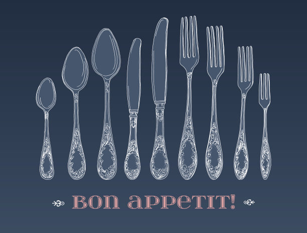 手绘矢量插图的卷曲装饰银餐具，刀具上的蓝色背景。矢量图图片下载