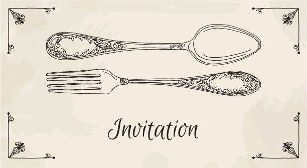 手绘矢量插图的卷曲装饰银餐具，刀叉的米色背景水彩背景和纹理。手绘设计元素。矢量图图片下载