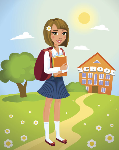 快乐的女孩去上学。回到学校。女生上学，教育理念。素材图片