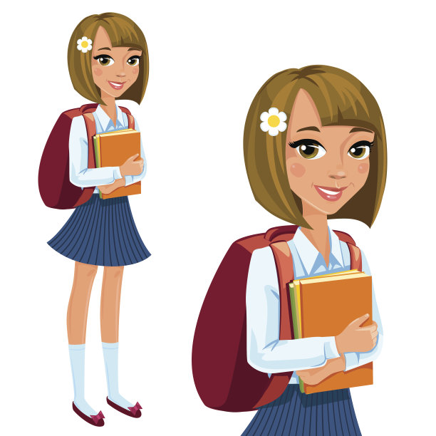 快乐的女学生站着，拿着书，肖像和全长的观点。图片下载