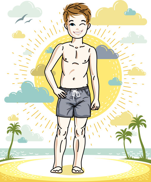 美丽快乐的年轻男孩摆姿势穿着时尚的沙滩短裤。向量的孩子说明。童年生活方式的卡通。图片下载
