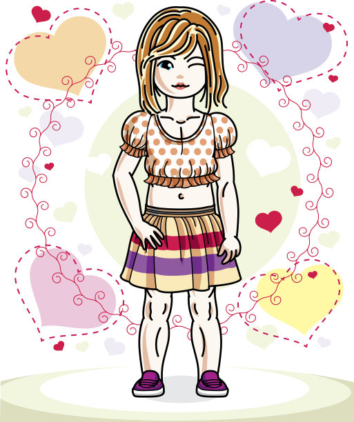 美丽的小红头发的女孩摆出彩色的背景和浪漫的心。向量的孩子说明。图片下载