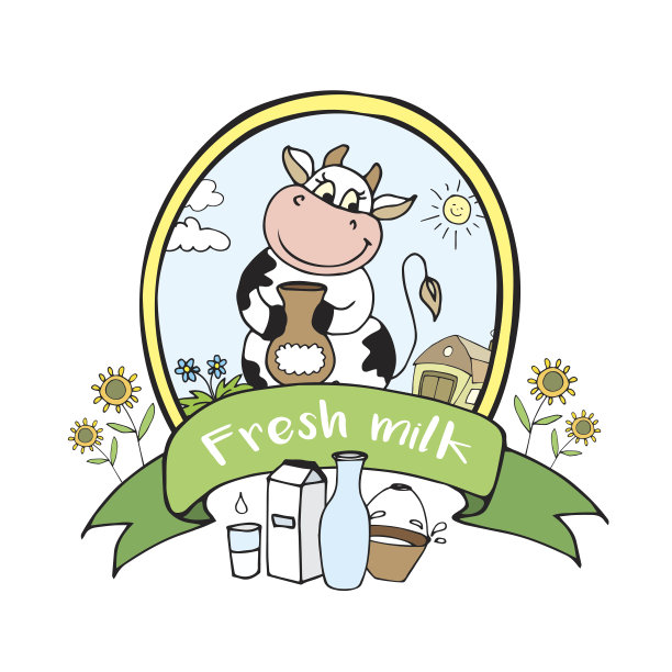 积极，快乐的奶牛与牛奶，有趣的卡通横幅或标志图片下载