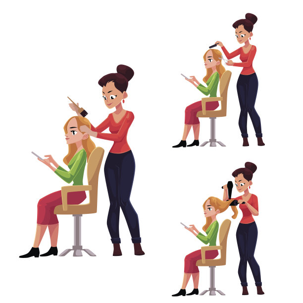 理发师为使用智能手机的女性剪发、染发、烘干头发图片下载