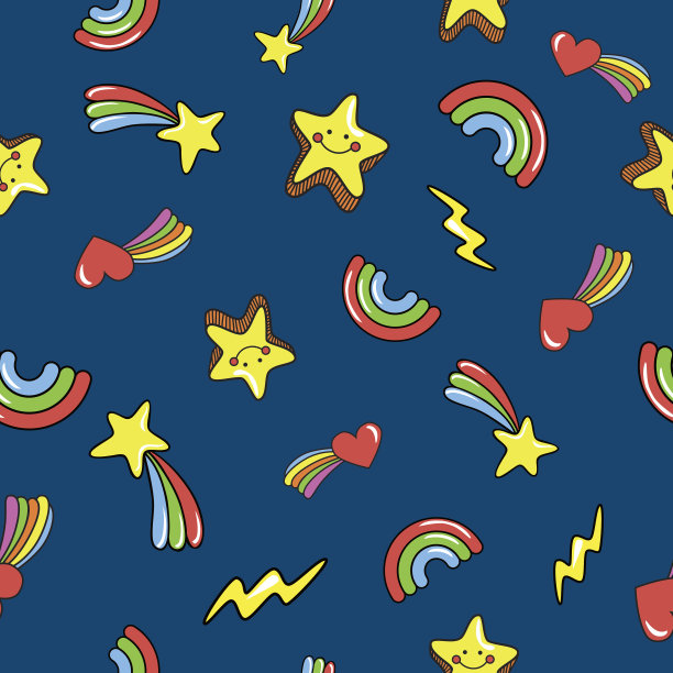 无缝图案与可爱微笑的星星。涂鸦彗星，闪电，彩虹在深深蓝色的背景。向量图片下载