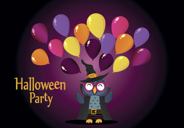 万圣节。穿西装的猫头鹰向空中扔了很多传统的气球。贺卡或假日请帖。为你的文本或广告留出空白。向量图片下载