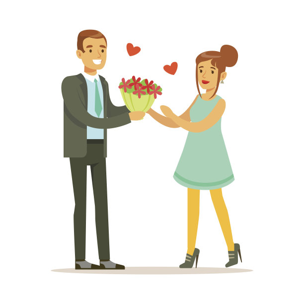 优雅的男子赠送一束鲜花给幸福的女人在浅蓝色的衣服色彩缤纷的人物矢量插图图片下载