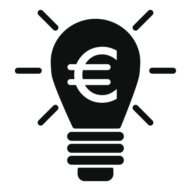 灯泡和欧洲矢量图标。黑白欧元插图。坚实的线性金钱图标。图片下载