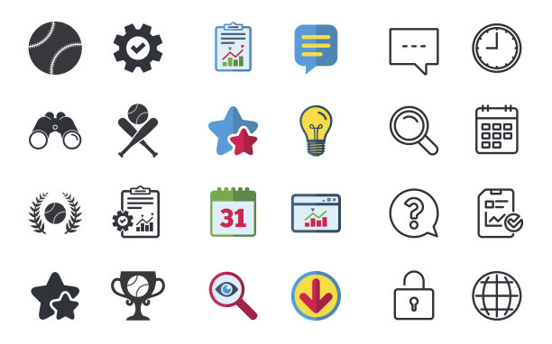 棒球图标：手套、球和球棒符号图片下载