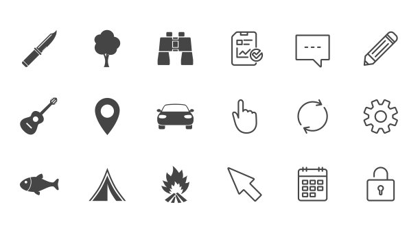 野营、旅游图标。钓鱼,吉他音乐。图片下载