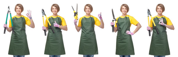 微笑的女人专业园丁。园艺服务与经营理念。拼贴画图片下载