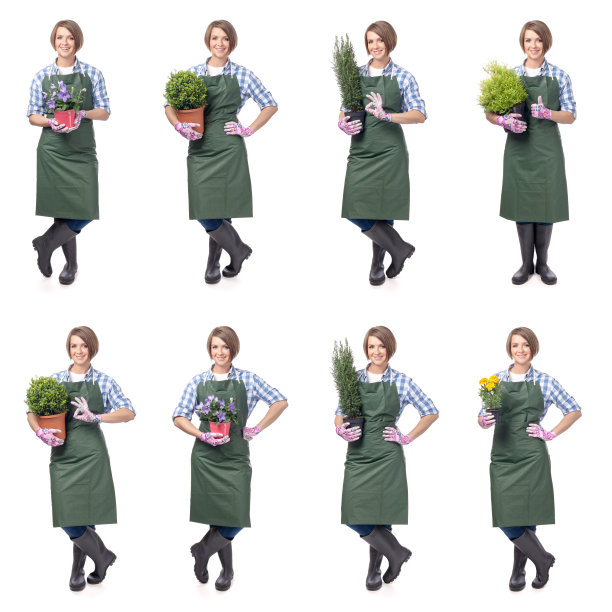 微笑的女人专业园丁。园艺服务与经营理念。拼贴画图片下载