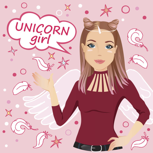 独角兽形象里的小女孩。素材图片