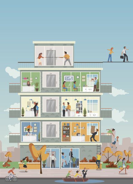 建筑与卡通商业人士工作在办公室的工作空间。图片下载