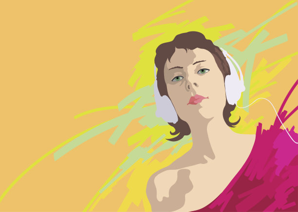 戴耳机年轻女孩插画图片下载