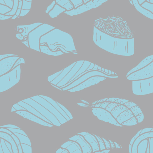 8个寿司在亮蓝色的灰色背景。可爱的日本美食手绘风格。无缝模式。图片下载