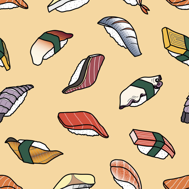 很多五颜六色的寿司在淡粉色的背景上随机。可爱的日本美食手绘风格。无缝的图案设计。图片下载