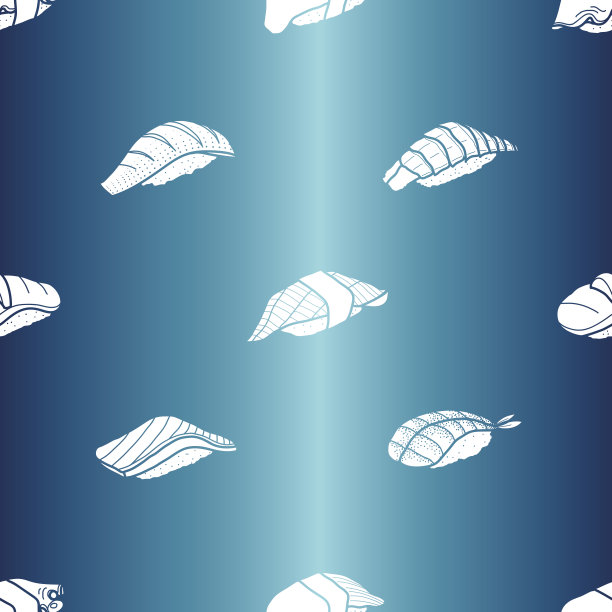 白色剪影寿司在金属蓝色的背景。可爱的日本美食手绘风格。无缝模式。图片下载