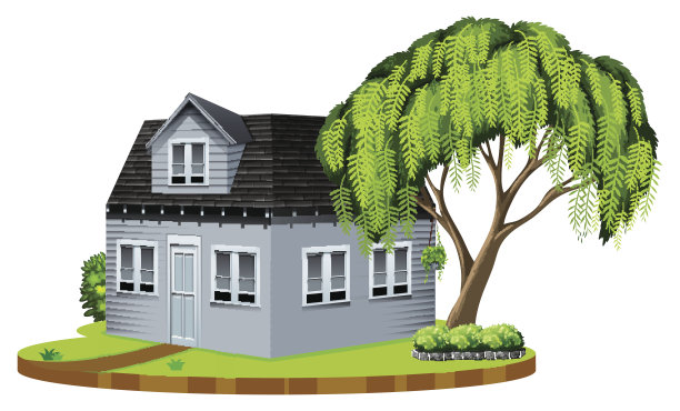 灰色的房子，草坪上有一棵大树图片下载