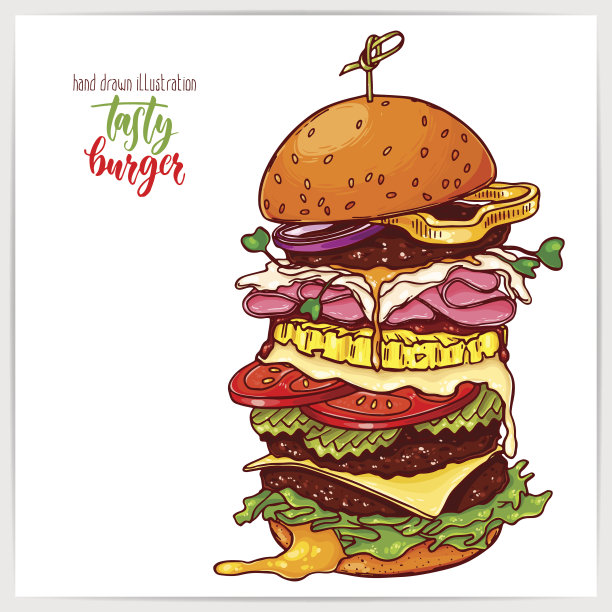 漂亮的矢量插图手绘彩色大美味汉堡。图片下载