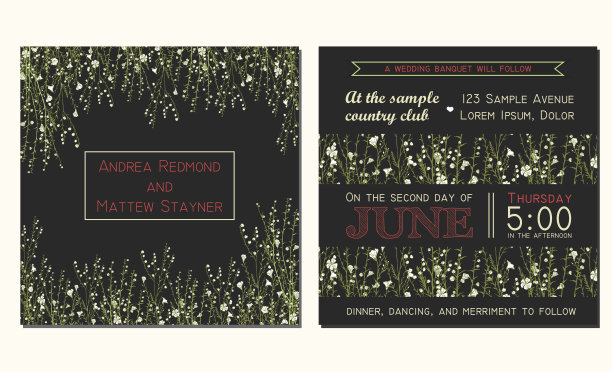 婚礼请柬与花卉背景和装饰与手绘亚麻树枝图片下载