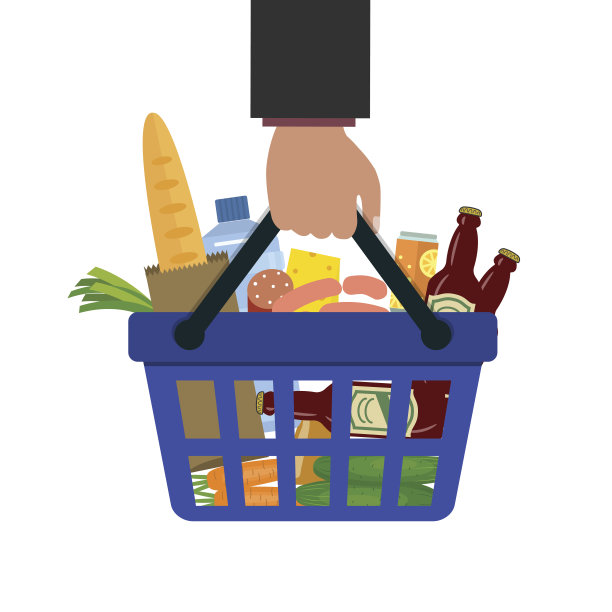 手里拿着食物和饮料的购物篮图片下载