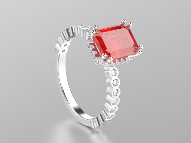 3D插图白色黄金或银色红宝石装饰戒指与反射图片下载