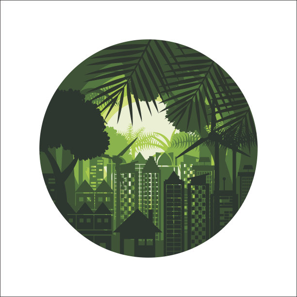 绿色剪影城市景观和森林抽象背景。图片下载
