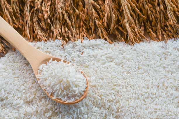 香米、汤匙里的米、印度香米、以木地板为背景的米。图片下载