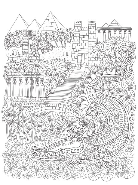 童话般的古埃及风景。幻想鳄鱼，寺庙，棕榈树，花园，河流，盛开的莲花，金字塔。t恤涂鸦打印。专辑封面。涂色书页为儿童和成人。黑色和白色图片下载