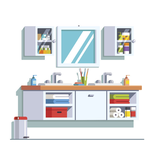 浴室有双水槽，梳妆台和壁镜图片下载