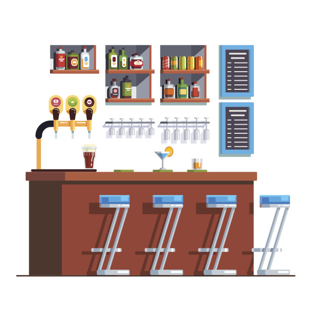 有柜台、凳子、饮料和玻璃瓶的酒吧图片下载