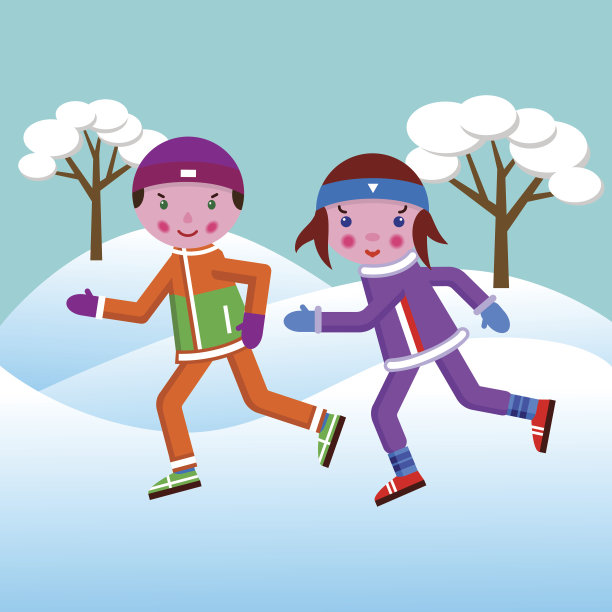 冬天，一个男孩和一个女孩在公园里的雪地里奔跑图片下载