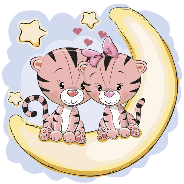 月亮上的两只可爱的老虎图片下载